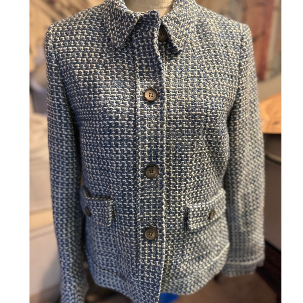 Talbots Petites Blue White Tweed Wool Blend Blazer Jacket Size 10P